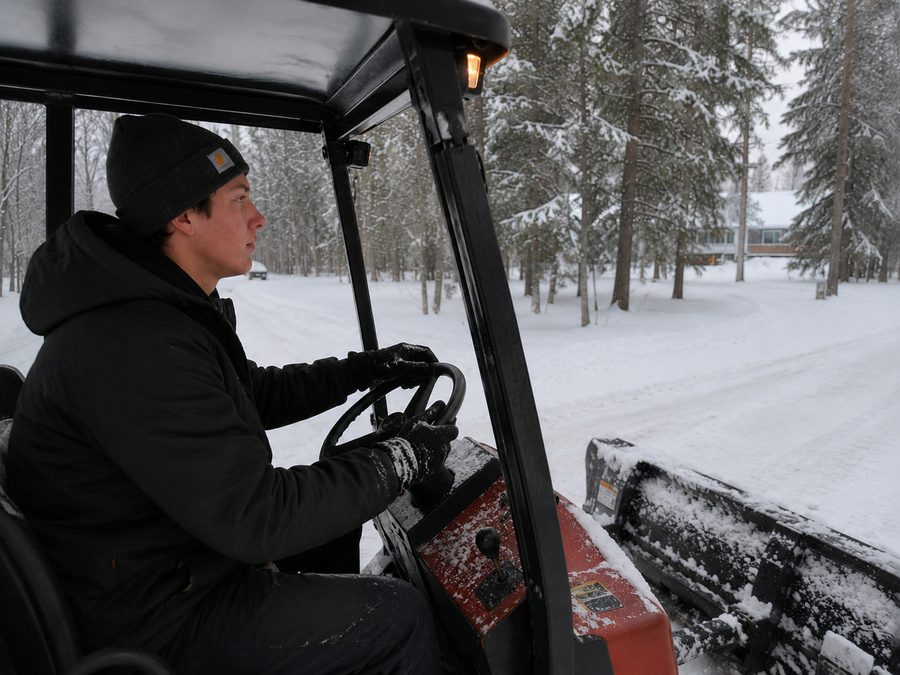 Dever's crew plowing a snowy Northwoods driveway